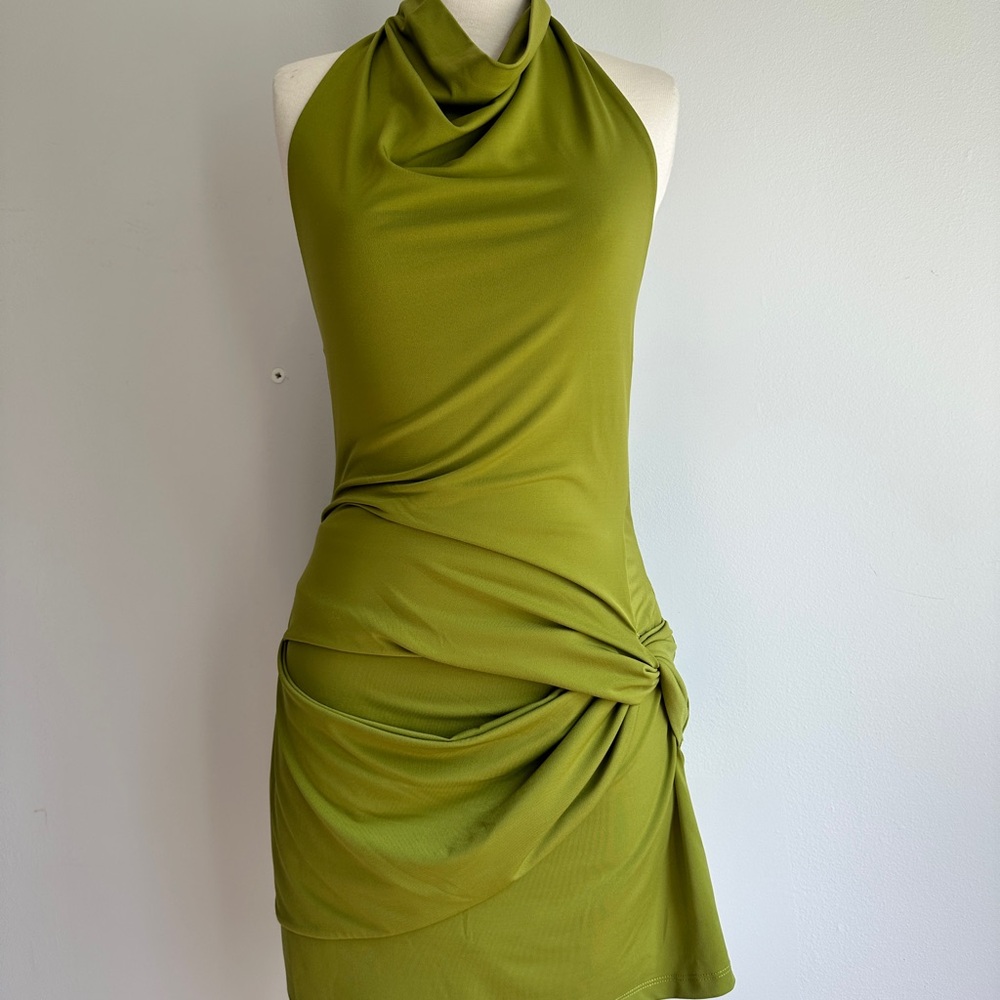 Dynamite Green Asymmetrical Ruched Halter Mini Dress